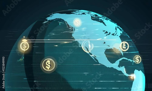 Global Currency Exchange Animation: Rotating Globe with Dynamic Rate Visualizations