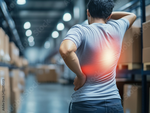 Worker feeling back pain in a warehouse during a busy shift while handling boxes in the evening