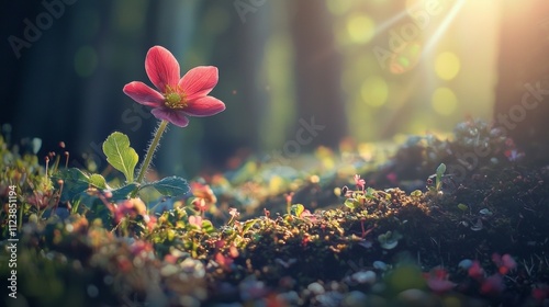 Delicate wildflower bathed in soft sunlight in a forest photo