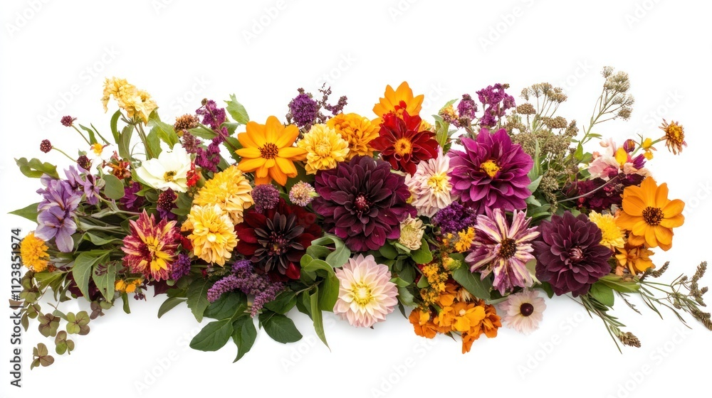 Obraz premium A vibrant, colorful arrangement of autumn flowers, including dahlias, zinnias, and wildflowers, set against a white background.