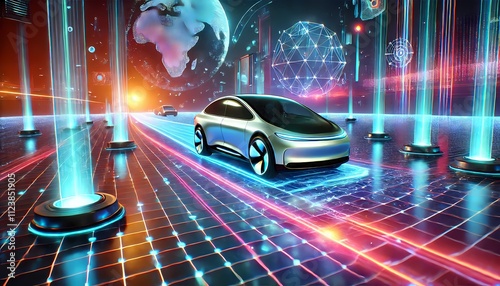 An autonomous electric car driving through a digital grid highway, with glowing neon lines and digital landscape in the background