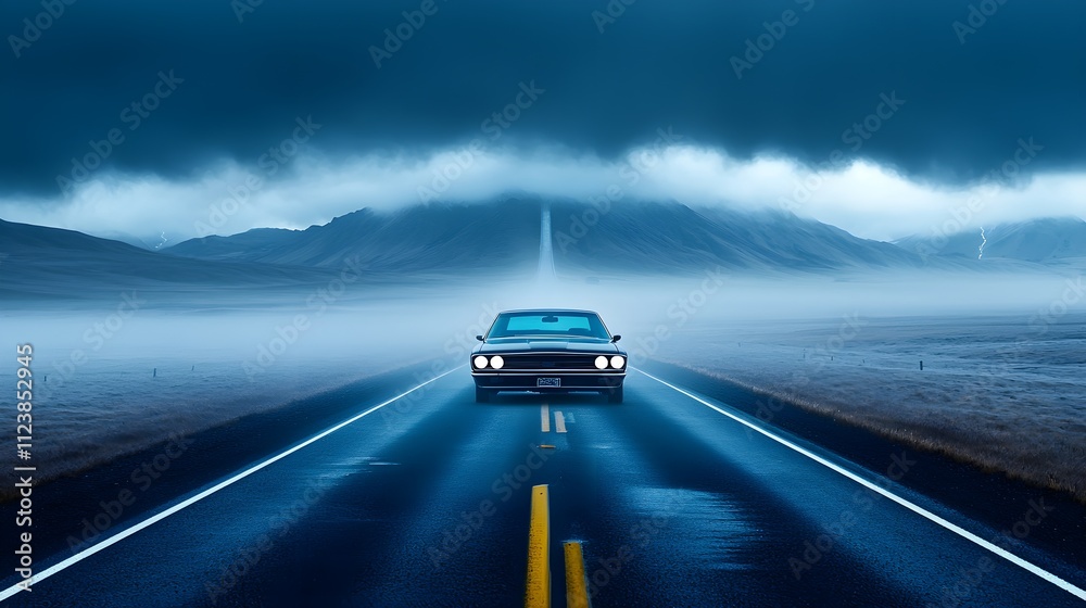 Fototapeta premium Derelict car on an empty rural road, wrapped in dense mist, under menacing thunderclouds, evoking feelings of isolation and hidden danger