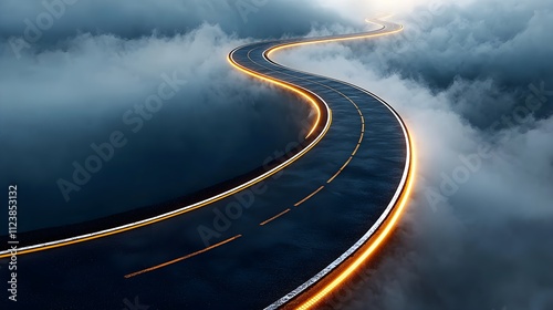Desolate road vanishing into an immense fog, rays of sunlight just beyond the horizon, symbolizing breakthroughs after uncertainty photo