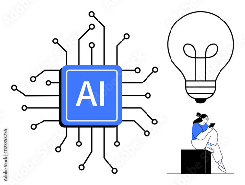 AI chip with circuit lines connecting to various points, large minimalist light bulb, person reading tablet. Ideal for AI concepts, tech innovation, education, futuristic themes, modern design