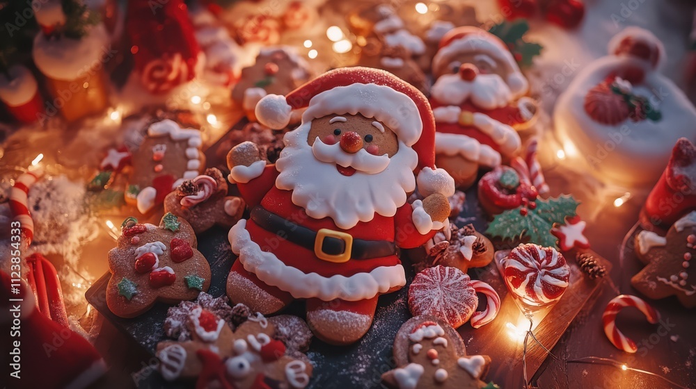 Fototapeta premium A high-angle view of a table full of gingerbread Santa Claus cookies in various poses, surrounded by holiday decorations like candy canes and cinnamon sticks, lit by warm fairy lights