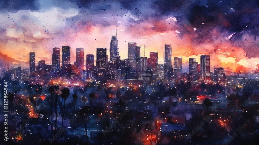 Obraz premium Los Angeles skyline, sunset watercolor painting.