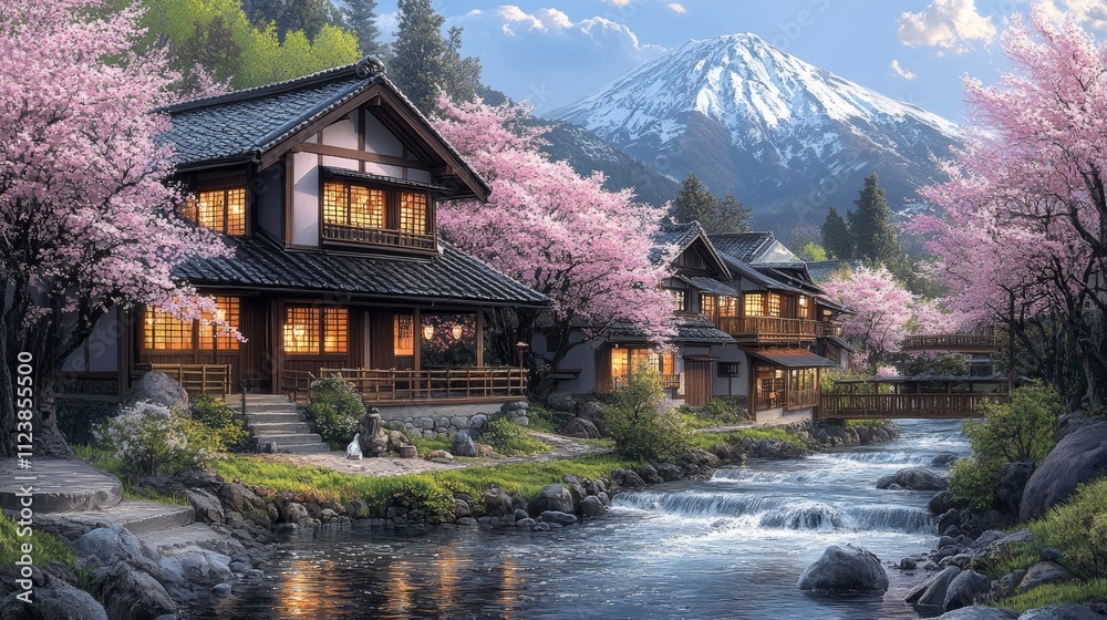 Naklejka premium Traditional Japanese village with cherry blossom trees and a mountain in the background.