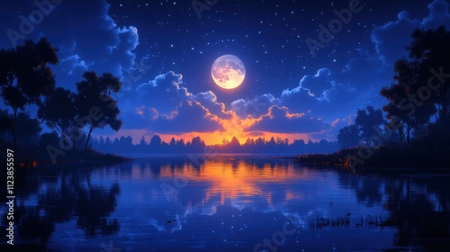A serene nighttime landscape featuring a glowing moon over a tranquil lake with reflections.