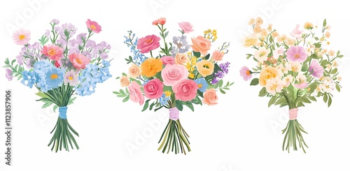 Cute cartoon vector-style flower bouquets isolated on a white background, a simple flat illustration of three different flower bouquets, cartoon vector design for a children's book
