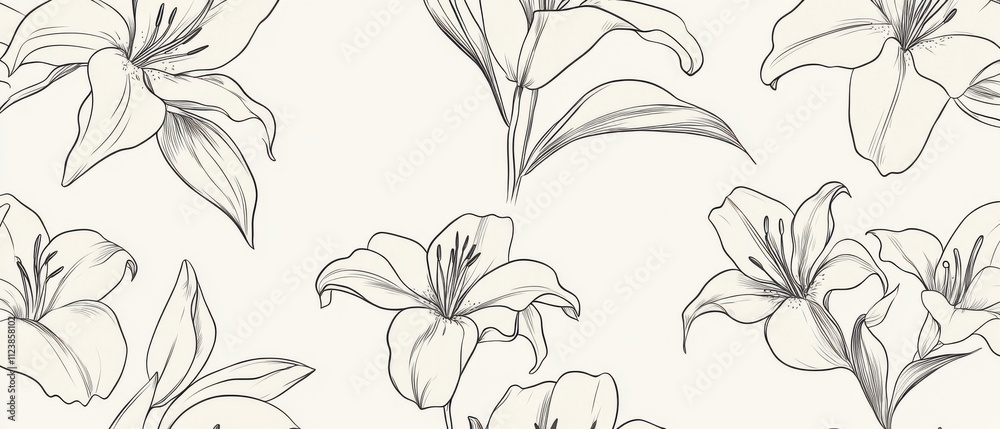 Obraz premium Elegant Seamless Pattern of Black and White Lilies, Botanical Line Art Floral Design