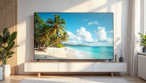 3D TV with tropical beach landscape on modern white cabinet photo