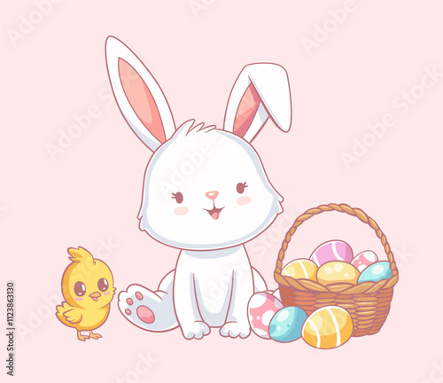 Cartoon illustration of happy bunny with Easter eggs, chickens, flowers. Kawaii hare for Eastery card, sticker, banner, package design. Vector illustration