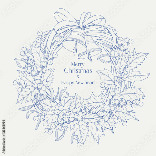 Christmas wicker wreath with holly branches, berries, bells, mistletoe, bow. Blue beige. Hand drawn. Line art Vector botanical illustration for design greeting card, holiday decor, decoration new year