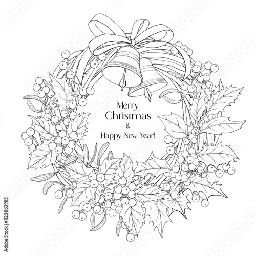 Christmas wicker wreath with holly branches, berries, bells, mistletoe, bow. Black white. Hand drawn Line art Vector botanical illustration for design greeting card, holiday decor, decoration new year