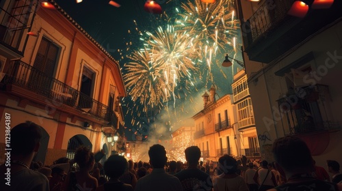 Vibrant Fireworks Celebration in a Historic Town Square photo