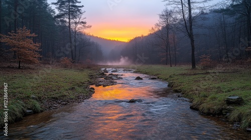 A serene river scene at sunrise, surrounded by misty hills and trees.