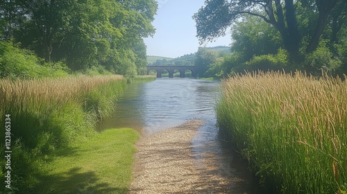A serene river scene with lush greenery and a stone bridge in the background.