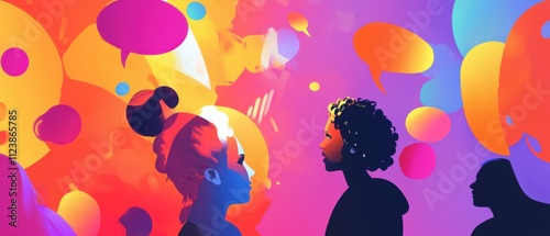 Vibrant Abstract Artwork of Two Women Communicating with Colorful Speech Bubbles