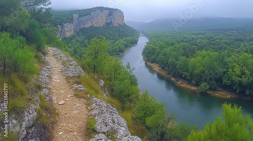 A serene river winding through lush greenery and rocky cliffs on a misty day.