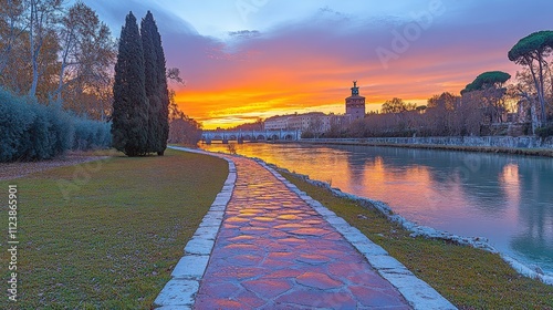 A serene riverside path at sunset, showcasing vibrant colors and tranquil nature.