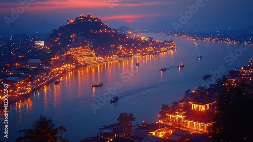 A serene riverside view at dusk, illuminated by lights reflecting on the water.