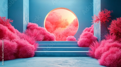 Surreal dreamscape with pink plants and glowing portal photo