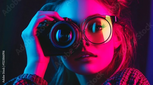 Woman with camera in bold neon pink and blue lighting photo