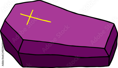illuminati symbols, purple coffin with a yellow cross on it