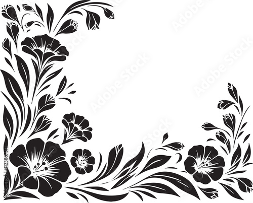 Sandplain Gerardia , Agalinis acuta flower in art deco decoration, corner border, black and white illustration, photo