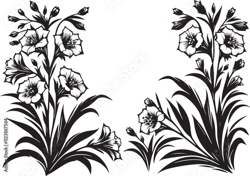 Sandplain Gerardia , Agalinis acuta flower in art nouveau decoration, corner border, black and white illustration, photo