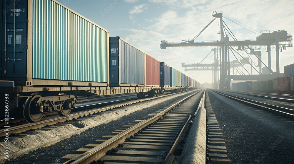 Fototapeta premium Freight train with colorful containers at a cargo port.