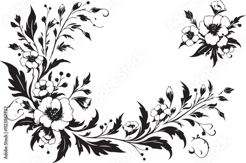 Sandplain Gerardia , Agalinis acuta flower in victorian flourish decoration, corner border, black and white illustration, photo