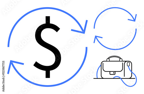 Dollar sign encircled by arrows, briefcase with circulatory arrow pattern. Ideal for finance, business management, economics, investment strategies, corporate training, entrepreneurship