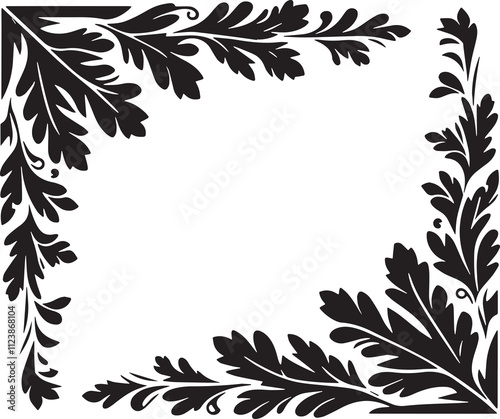 Scarlet Oak Leaf in art deco decoration, corner border, black and white illustration, photo