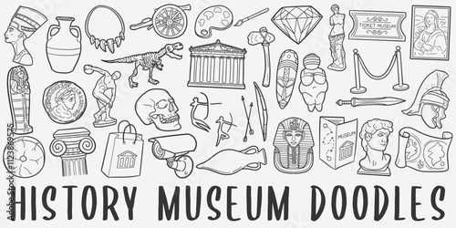 History Museum Doodle Icons Black and White Line Art. Archeology Clipart Hand Drawn Symbol Design.