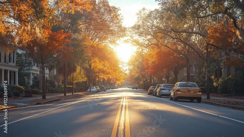 A serene street lined with autumn trees, bathed in warm sunlight.