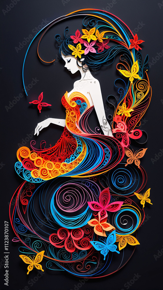 Obraz premium Vibrant quill art of a woman figure formed with colorful paper and detailed intricate decorative elements