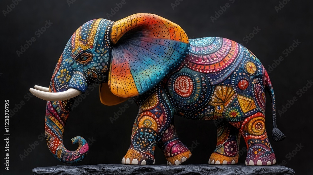 Obraz premium Colorful handcrafted elephant figurine, vibrant patterns, intricate details, art, sculpture.