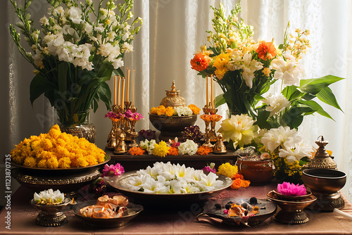 A serene New Year Puja setup featuring traditional offerings like flowers, incense, and sacred items, arranged on an elegant altar with festive decorations symbolizing prosperity and renewal photo