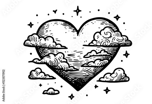 artistic love-themed heart surrounded by clouds vector