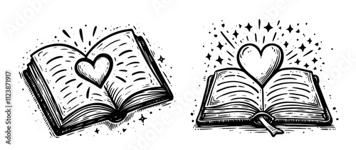 omantic open books with heart motifs vector collection