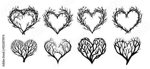 botanical heart illustrations with twig motifs – vector collection