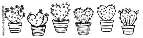 set of heart-shaped cactus illustrations in pots