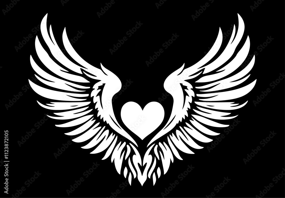 Fototapeta premium angel wings with heart shape in minimalist style – black vector