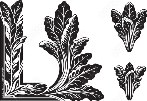 Swiss Chard plant in art nouveau decoration, corner border, black and white illustration,