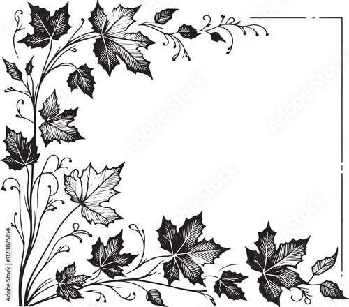Sycamore branches in single line decoration drawing, corner border, black and white illustration,