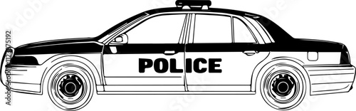 A black and white illustration of a classic police patrol car, ideal for law enforcement designs.
