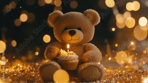 A low angle shot of a teddy bear surrounded by glowing fairy lights, holding a single cupcake with a candle, set against a subtle glittering background
