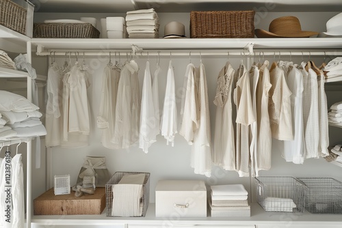 ホワイトとベージュで統一された洗練されたクローゼット収納 | Elegant closet storage in white and beige tones