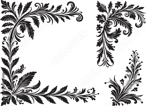 Therophyte Plant in victorian flourish decoration, corner border, black and white illustration, photo